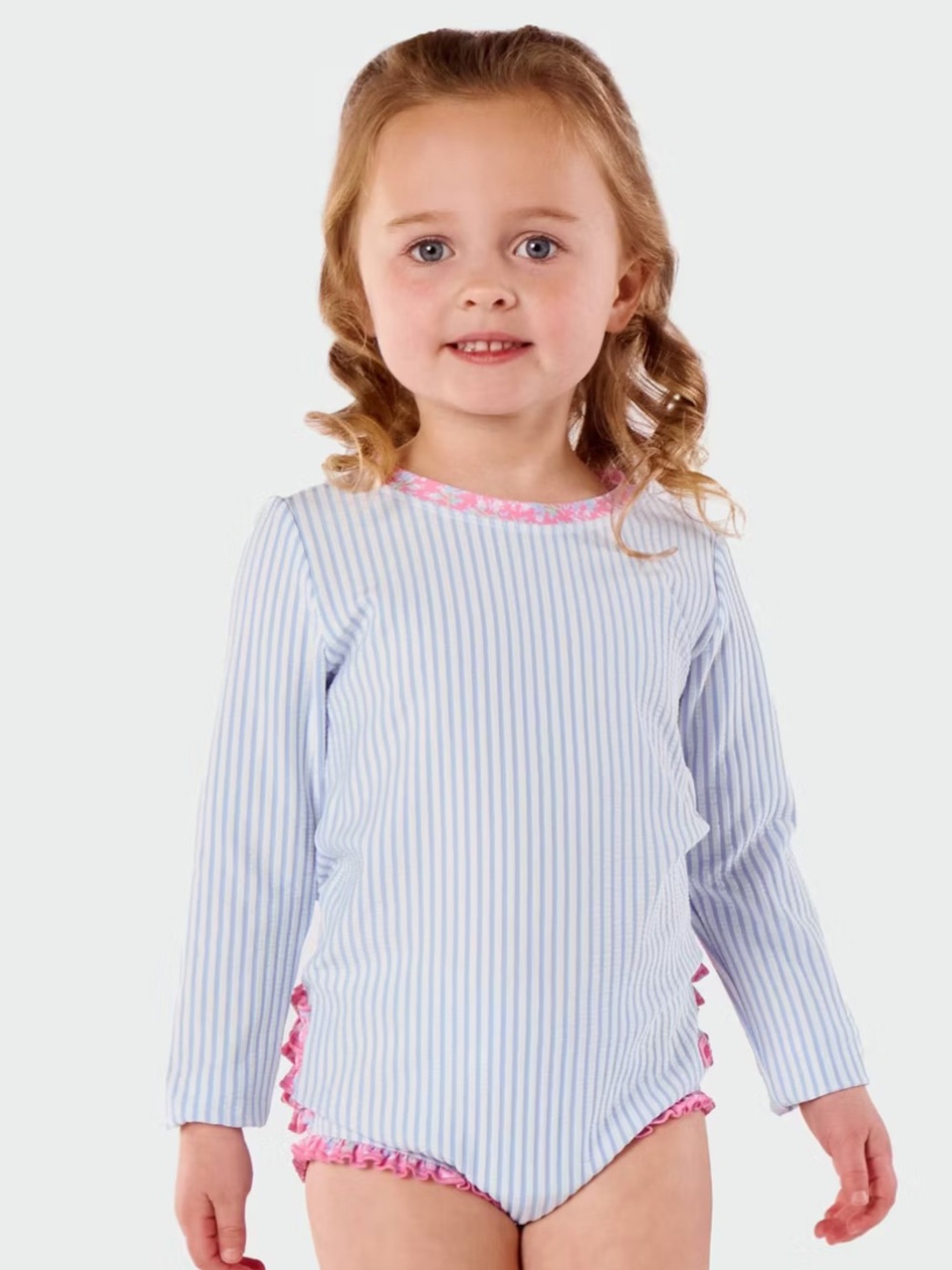 Ruffle Butts Baby Seersucker Long Sleeve Rash Guard One Piece Swimsuit 3-6m